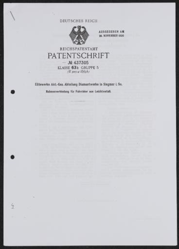 Diamant Patentschrift Rahmenverbindung Leichtmetall 1926