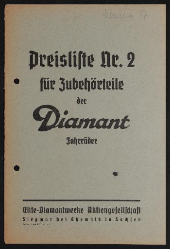 Diamant Preisliste Nr. 2 für Zubehörteile der Diamant Fahrräder Preisliste 1935
