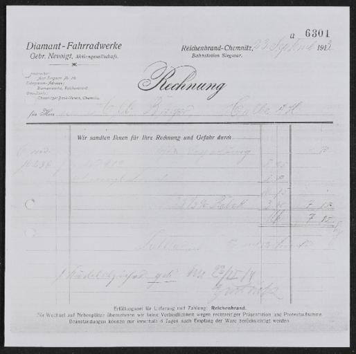 Diamant-Fahrradwerke Gebr. Nevoigt AG Rechnung 1913