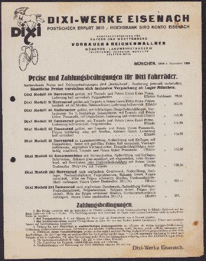 Dixi-Fahrräder Preisliste 1924