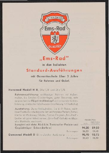 Ems-Rad Preisliste 1930er Jahre