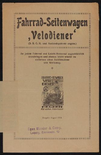 Egon Münder Fahrrad-Seitenwagen Velodiener Faltblatt 1924