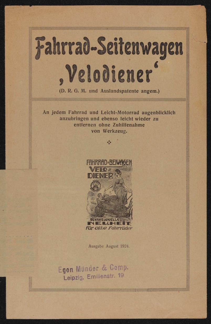 Egon Münder Fahrrad-Seitenwagen Velodiener Faltblatt 1924