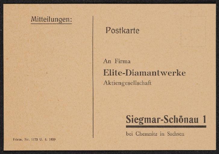 Elite-Diamantwerke Bestellkarte Postkarte 1939