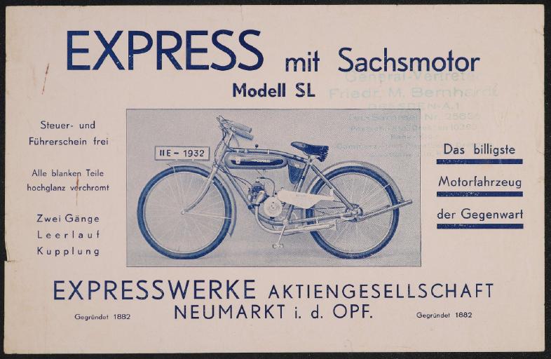 Express Modell SL mit Sachs-Motor Werbeblatt 1932