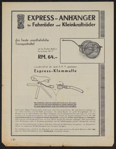 Express-Anhänger für Fahrräder und Kleinkrafträder Werbeblatt 1935