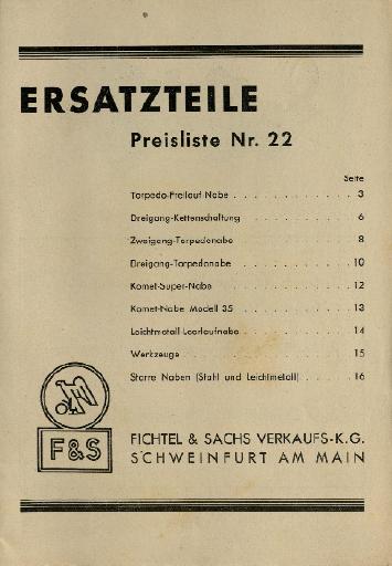 1950er F&S Ersatzteile Preisliste No. 22