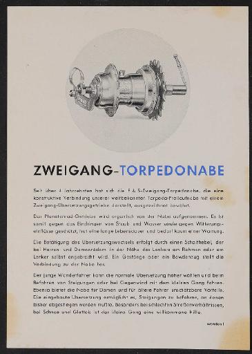 Fichtel u. Sachs 2 Gang Torpedonabe Werbeblatt 1953