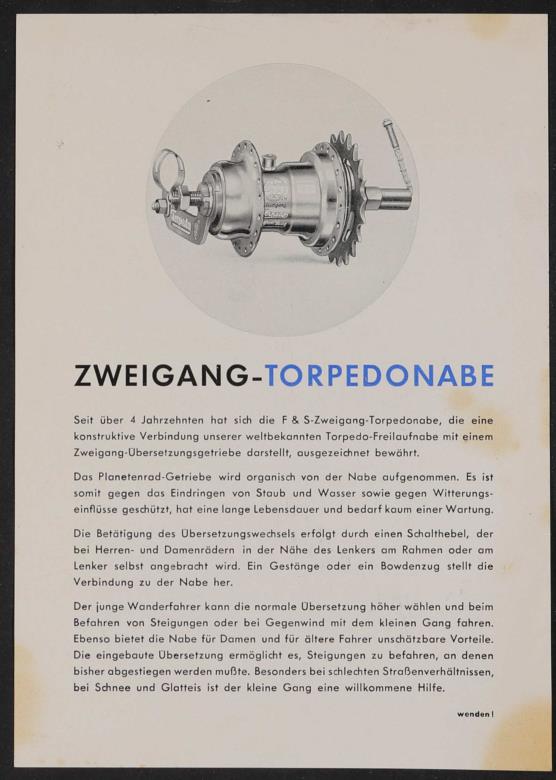 Fichtel u. Sachs 2 Gang Torpedonabe Werbeblatt 1953