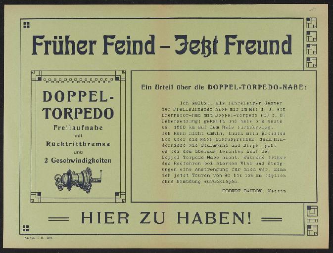 Fichtel u. Sachs Doppel-Torpedo Werbeblatt 1911