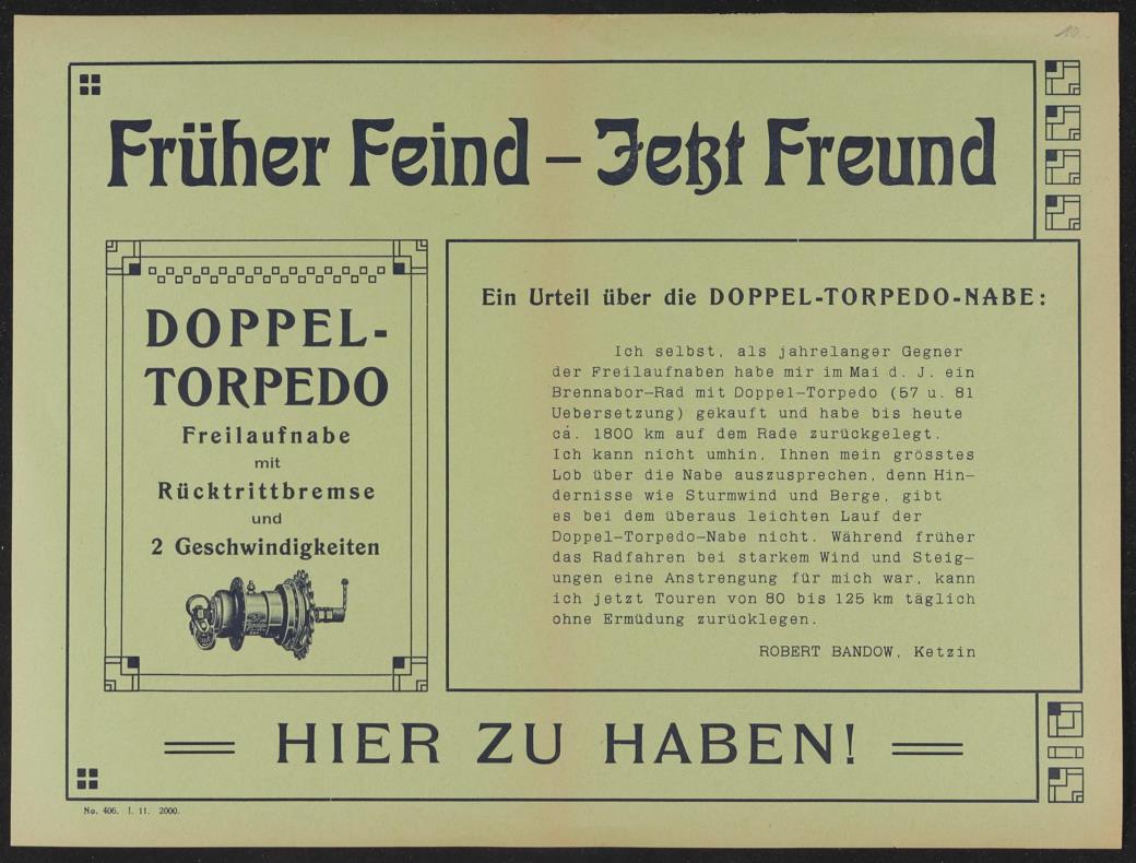 Fichtel u. Sachs Doppel-Torpedo Werbeblatt 1911