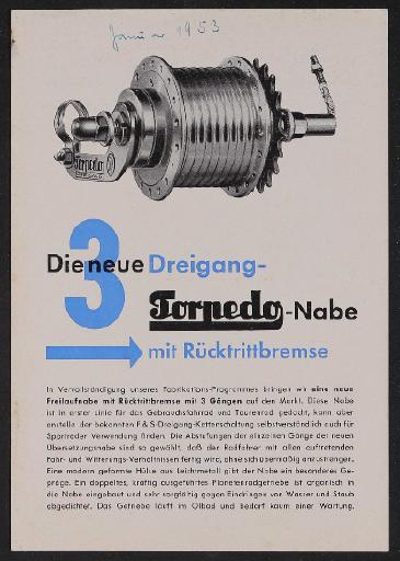 Fichtel u. Sachs Dreigang-Torpedo-Freilauf-Nabe mit Rücktritt Werbeblatt 1953