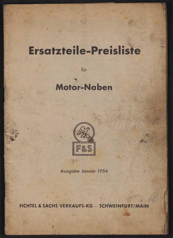 Fichtel u. Sachs Ersatzteile-Preisliste für Motor-Naben 1954