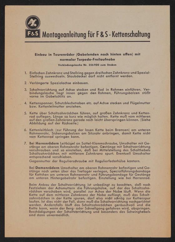 Fichtel u. Sachs Kettenschaltung Montageanleitung 1952