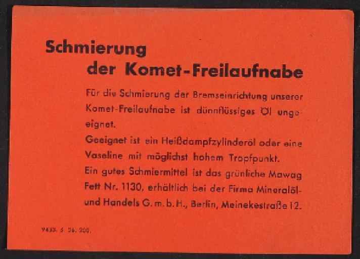 Fichtel u. Sachs Komet Freilauf-Nabe Info-Blatt 1936
