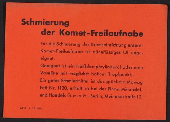 Fichtel u. Sachs Komet Freilauf-Nabe Info-Blatt 1936