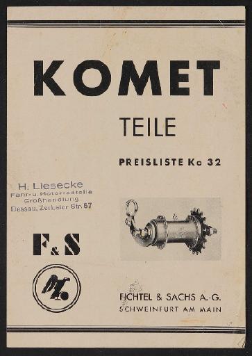 Fichtel u. Sachs Komet Freilauf-Nabe Modell 32 und 24 Teile- und Preisliste 1933
