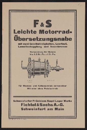 Fichtel u. Sachs Leichte Motorad Übersetzungsnabe Infobroschüre 1925