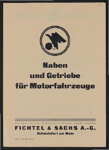 Fichtel u. Sachs Naben und Getriebe für Motorfahrzeuge Faltblatt 1926