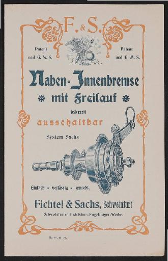 Fichtel u. Sachs Naben-Innenbremse mit Freilauf Werbeblatt 1902