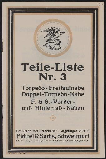 Fichtel u. Sachs Naben-Teileliste Nr. 3 1921
