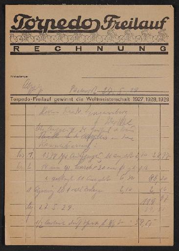 Fichtel u. Sachs Rechnung mit Torpedo Freilauf Rechnungsformular 1929