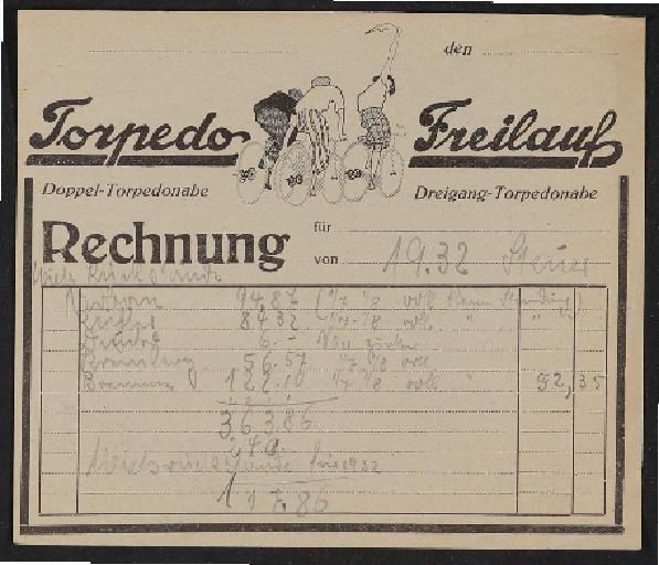 Fichtel u. Sachs Rechnung mit Torpedo Freilauf Rechnungsformular 1932