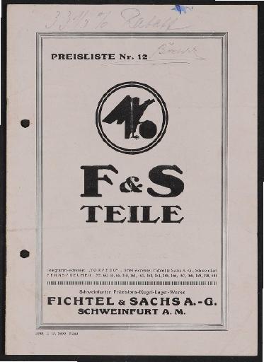 Fichtel u. Sachs Torpedo Freilafnabe und Doppel Torpedo Nabe Teile-Preisliste und Teileverzeichnis 1927