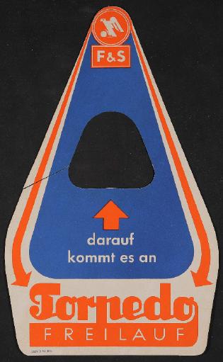 Fichtel u. Sachs Torpedo Freilauf Werbeanhänger für Händler 1955
