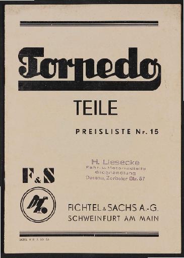 Fichtel u. Sachs Torpedo Teile-Preisliste 1933