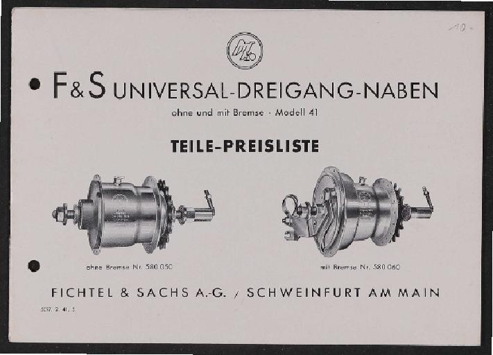 Fichtel u. Sachs Universal-Dreigang-Naben Teile- und Preisliste 1941