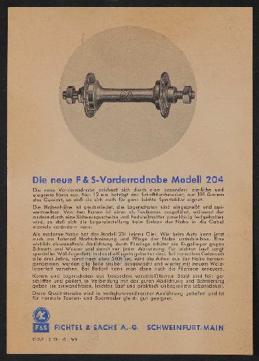 Fichtel u. Sachs Vorderradnabe Modell 204 Werbeblatt 1953