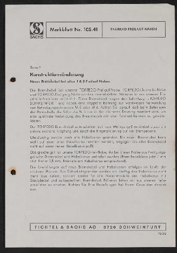 Fichtel und Sachs Fahrrad-Freilauf-Naben Merkblatt 1972