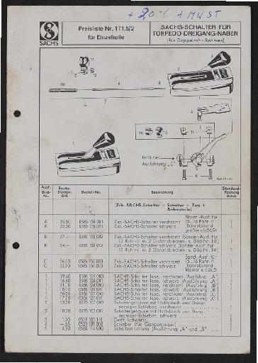 Fichtel und Sachs Schalter für Torpedo-Dreigang-Naben Teile- und Preisliste 1972