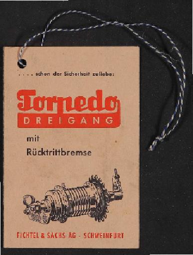 Fichtel und Sachs Torpedo Dreigang mit Rücktrittbremse Werbeanhänger für Händler 1960er Jahre
