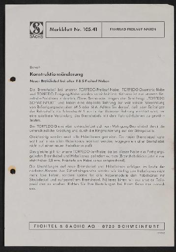 Fichtel und Sachs Torpedo Fahrrad-Freilauf-Naben Merkblatt 19721