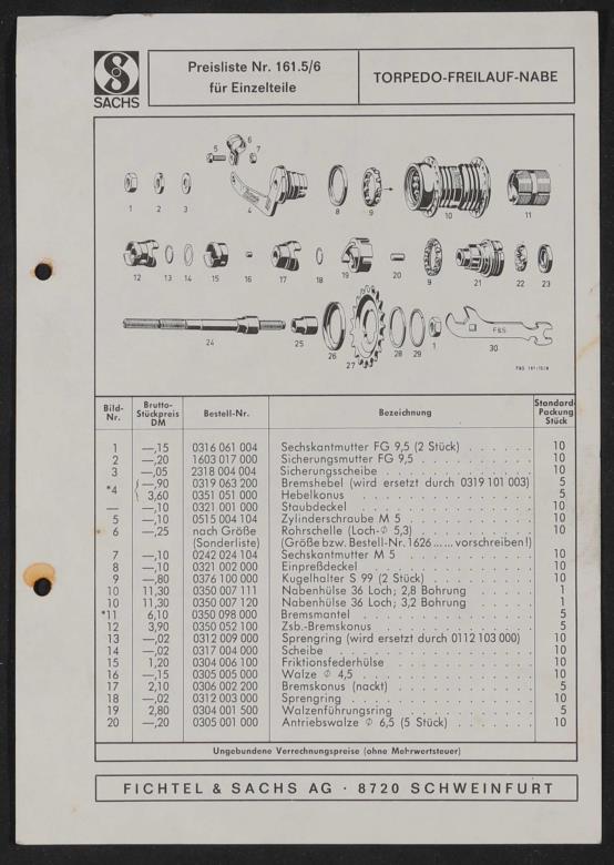 Fichtel und Sachs Torpedo Freilauf Nabe Ersatzteile- u. Preisliste 1972