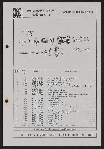 Fichtel und Sachs Torpedo Komet-Super-Nabe 161 Ersatzteile- u. Preisliste 1971