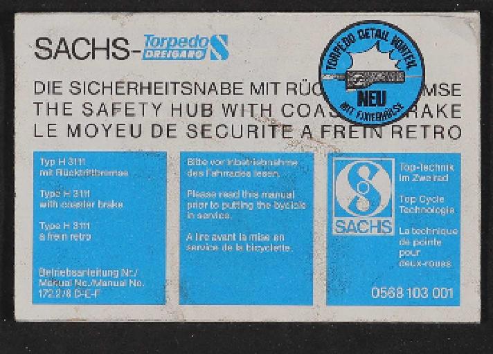 Fichtel und Sachs Torpedo-Dreigang Betriebsanleitung (D, GB, F) 1984