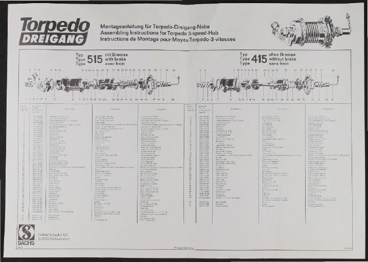 Fichtel und Sachs Torpedo-Dreigang-Nabe Montageanleitung und Teileliste (D,GB, F) 1970er Jahre