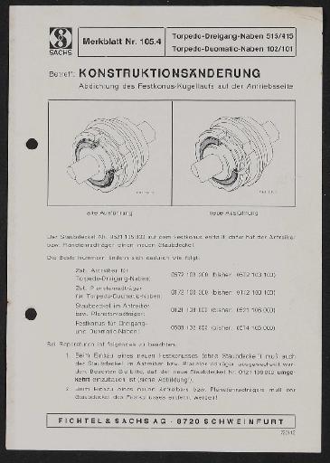 Fichtel und Sachs Torpedo-Dreigang-Naben 515 u. 415 Duomatic-Naben 102 u. 101 Merkblatt 1972