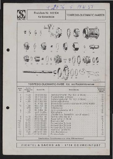 Fichtel und Sachs Torpedo-Duomatic Zweigangnabe 102 mit Rücktrittbremse Teile- und Preisliste 1972