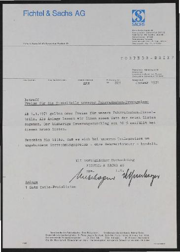 Fichtel und Sachs div. Infoblätter Preis- und Teilelisten 1971