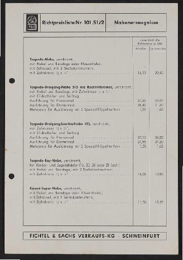 Fichtel und Sachs div. Preis- und Teilelisten 1960er Jahre