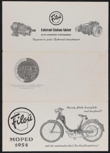 Filou Fahrrad-Einbau-Motor Moped Faltblatt 1954
