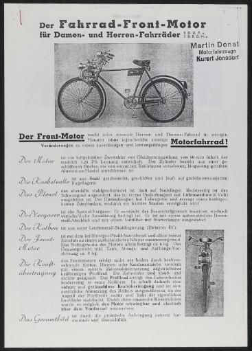 Fahrrad-Front-Motor Front-Motoren-Bau Werbeblatt 30er Jahre