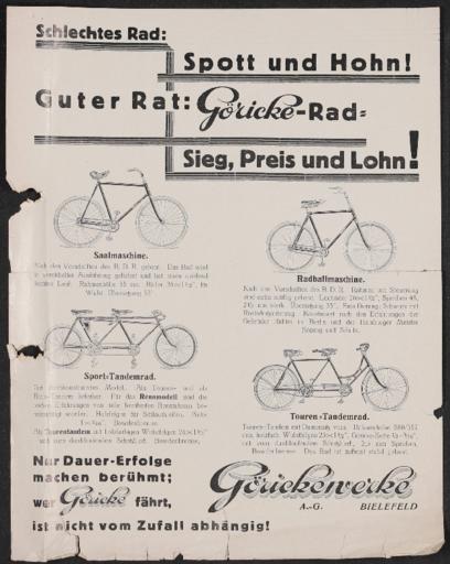 Göricke  Saal- Radballmaschine Sport- u. Tourentandem  Werbeblatt 1920er Jahre
