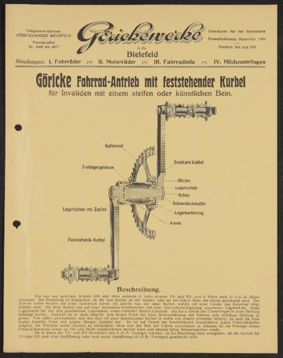 Göricke Antrieb mit feststehender Kurbel Werbeblatt 1910er Jahre