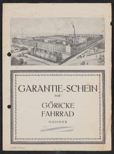 Göricke Garantie-Schein für Göricke Fahrrad blanco 1929