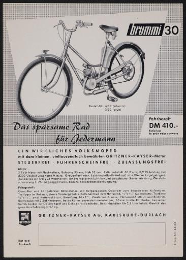 Gritzner-Kayser Durlach Brummi 30 Das sparsame Rad für Jedermann Werbeblatt 1953